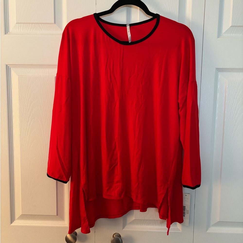 Red Tunic with Black Crew Neckline and 3/4 Sleeves